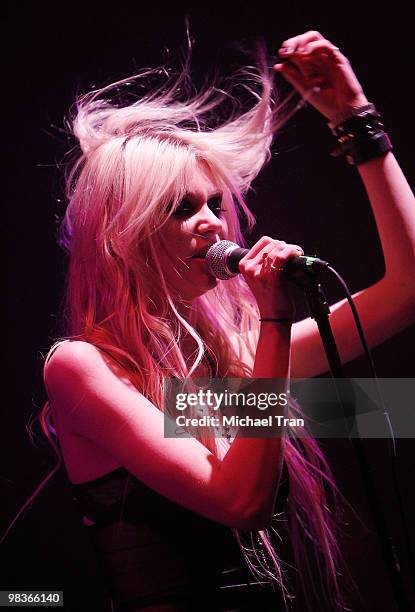 Taylor Momsen of Pretty Reckless performs at the VANS Warped Tour 2010 press conference and kick-off party held at the Key Club on April 9, 2010 in...