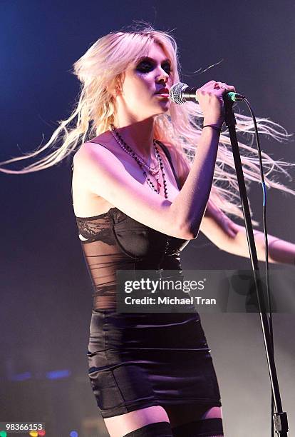Taylor Momsen of Pretty Reckless performs at the VANS Warped Tour 2010 press conference and kick-off party held at the Key Club on April 9, 2010 in...