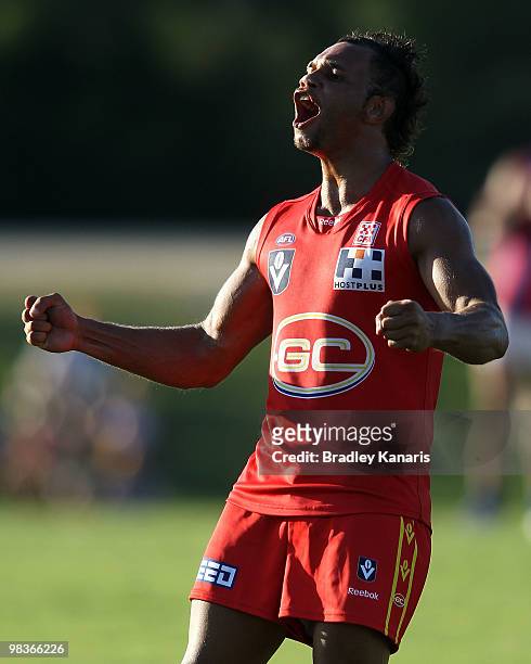 Rex Liddy of the Gold Coast celebrates after scoring a goal during the round one VFL match between the Gold Coast Football Club and Port Melbourne at...