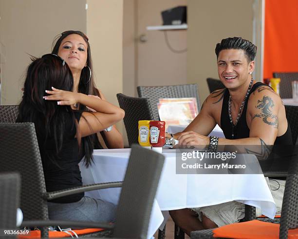 Cast members Nicole 'Snooki' Polizzi, Sammi 'Sweetheart' Glancola and Pauly D Delvecchio of the Jersey Shore are sighted on April 9, 2010 in Miami...