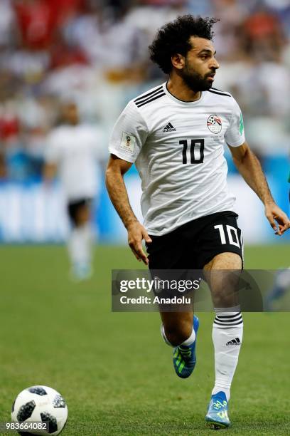 Mohamed Salah of Egypt is seen during the 2018 FIFA World Cup Russia Group A match between Saudi Arabia and Egypt at the Volgograd Arena in...