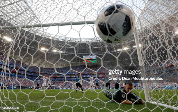 Denis Cheryshev of Russia scores an own goal deflecting Diego Laxalt of Uruguay's shot to put Uruguay infront 2-0 during the 2018 FIFA World Cup...