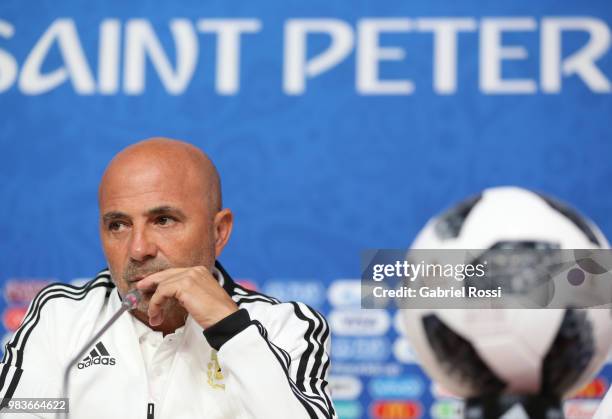 Jorge Sampaoli coach of Argentina looks on during the official press conference ahead of the match against Nigeria at Zenit Arena onJune 25, 2018 in...