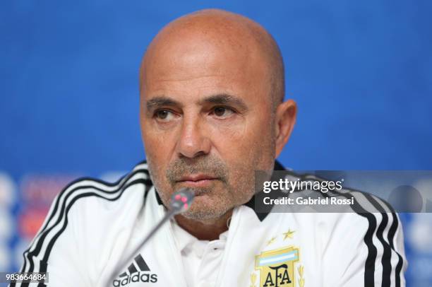 Jorge Sampaoli coach of Argentina looks on during the official press conference ahead of the match against Nigeria at Zenit Arena onJune 25, 2018 in...