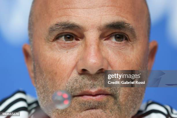 Jorge Sampaoli coach of Argentina looks on during the official press conference ahead of the match against Nigeria at Zenit Arena onJune 25, 2018 in...