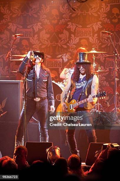 Musician Lemmy Kilmister and guitarist Slash perform at the 2nd Annual Revolver Golden Gods Awards at Club Nokia on April 8, 2010 in Los Angeles,...