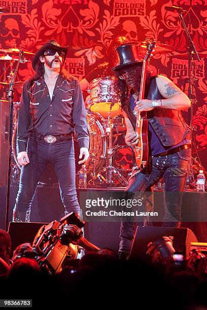Musician Lemmy Kilmister and guitarist Slash perform at the 2nd Annual Revolver Golden Gods Awards at Club Nokia on April 8, 2010 in Los Angeles,...