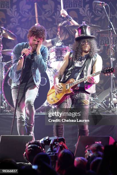 Singer Andrew Stockdale and guitarist Slash perform at the 2nd Annual Revolver Golden Gods Awards at Club Nokia on April 8, 2010 in Los Angeles,...