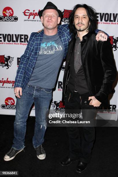 Singer Corey Taylor and drummer Roy Mayorga arrive at the 2nd Annual Revolver Golden Gods Awards at Club Nokia on April 8, 2010 in Los Angeles,...