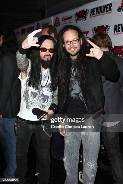 Bassist Rob "Blasko" Nicholson and musician Jonathan Davis arrive at the 2nd Annual Revolver Golden Gods Awards at Club Nokia on April 8, 2010 in Los...