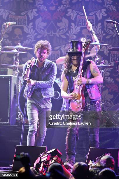 Singer Andrew Stockdale and guitarist Slash perform at the 2nd Annual Revolver Golden Gods Awards at Club Nokia on April 8, 2010 in Los Angeles,...