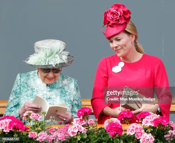 Queen Elizabeth II and Autumn Phillips attend day 5 of Royal Ascot at Ascot Racecourse on June 23, 2018 in Ascot, England.