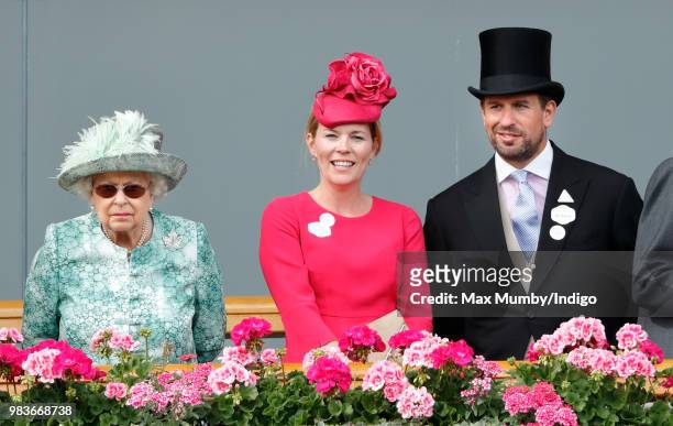 Queen Elizabeth II, Autumn Phillips and Peter Phillips attend day 5 of Royal Ascot at Ascot Racecourse on June 23, 2018 in Ascot, England.