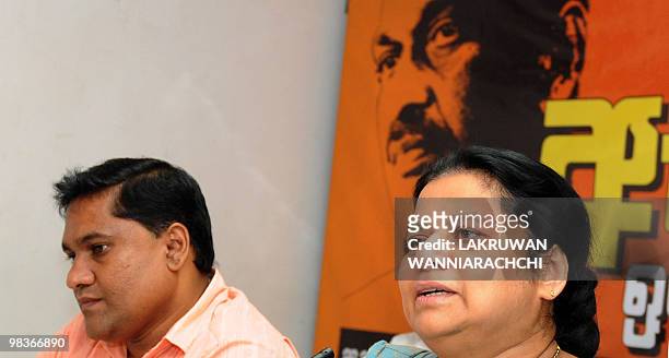 Anoma Fonseka, wife of former Sri Lankan army chief and detained presidential candidate Sarath Fonseka, speaks to reporters in Colombo on April 10,...