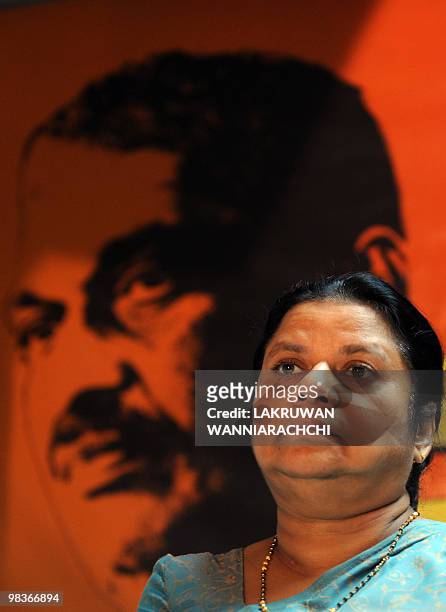 Anoma Fonseka, wife of former Sri Lankan army chief and detained presidential candidate Sarath Fonseka, looks on while attending a press conference...