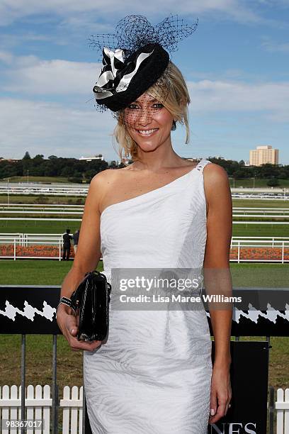 Australian televsion personality Jaynie Seal attends the David Jones marquee during Australian Derby Day at Royal Randwick Racecourse on April 10,...