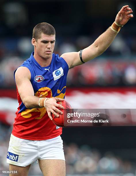 Jonathan Brown of the Lions kicks during the round three AFL match between Port Adelaide Power and Brisbane Lions at AAMI Stadium on April 10, 2010...