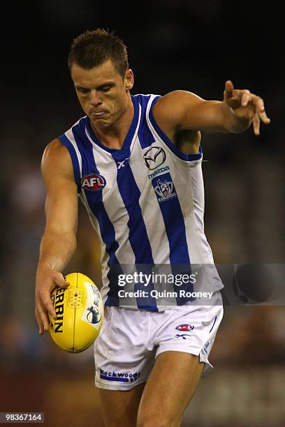 Hamish McIntosh of the Kangaroos kicks during the round three AFL match between the North Melbourne Kangaroos and the West Coast Eagles at Etihad...