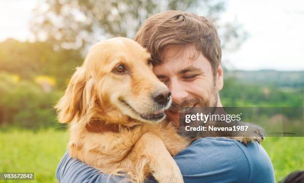 guy and his dog, golden retriever, nature - golden guys stock pictures, royalty-free photos & images