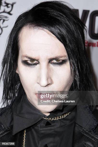 Singer Marilyn Manson arrives at the 2nd Annual Revolver Golden Gods Awards at Club Nokia on April 8, 2010 in Los Angeles, California.