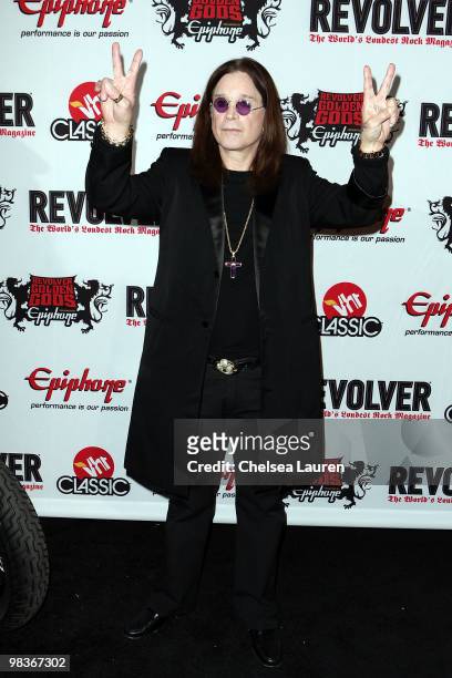 Musician Ozzy Osbourne arrives at the 2nd Annual Revolver Golden Gods Awards at Club Nokia on April 8, 2010 in Los Angeles, California.
