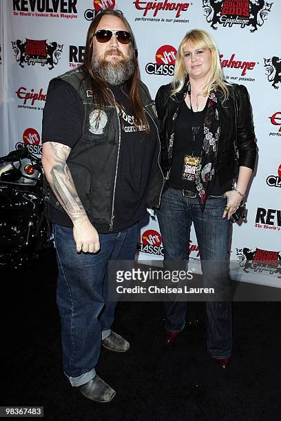 James A. Rota II and Emily Burton of Fireball Ministry arrive at the 2nd Annual Revolver Golden Gods Awards at Club Nokia on April 8, 2010 in Los...