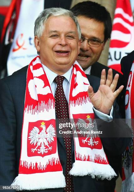 President of Poland Lech Kaczynski waves during the UEFA EURO 2008 Group B match between Austria and Poland at Ernst Happel Stadion on June 12, 2008...