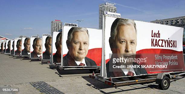 Posters of Lech Kaczynski, presidential candidate of the PiS party for the upcoming presidential election on 09 October 2005 in Poland are lined up...