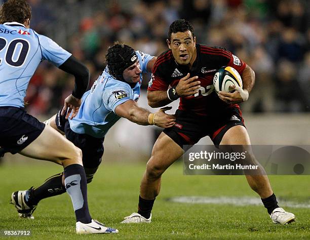 Kahn Fotuali'i of the Crusaders breaks up field during the round nine Super 14 match between the Crusaders and the Waratahs AMI Stadium on April 10,...