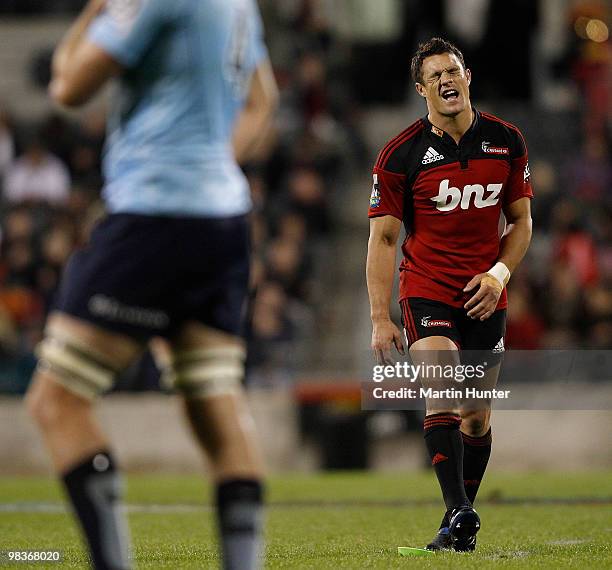 Dan Carter of the Crusaders reacts after missing a kick at goal during the round nine Super 14 match between the Crusaders and the Waratahs AMI...