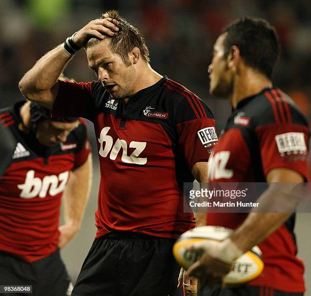 Richie McCaw of the Crusaders shows his relief during the round nine Super 14 match between the Crusaders and the Waratahs AMI Stadium on April 10,...