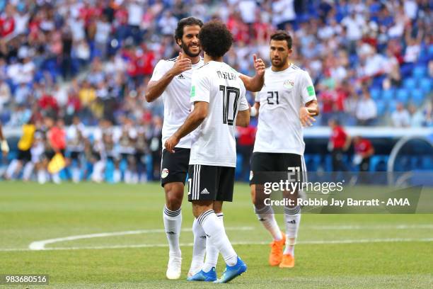 Mohamed Salah of Egypt celebrates scoring a goal to make it 0-1 during the 2018 FIFA World Cup Russia group A match between Saudi Arabia and Egypt at...