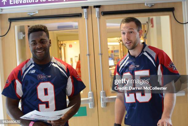 Boston Cannons Trevor Baptiste and Kyle Denhoff visit the kids at Boston Children's Hospital June 25, 2018 in Boston, Massachusetts.