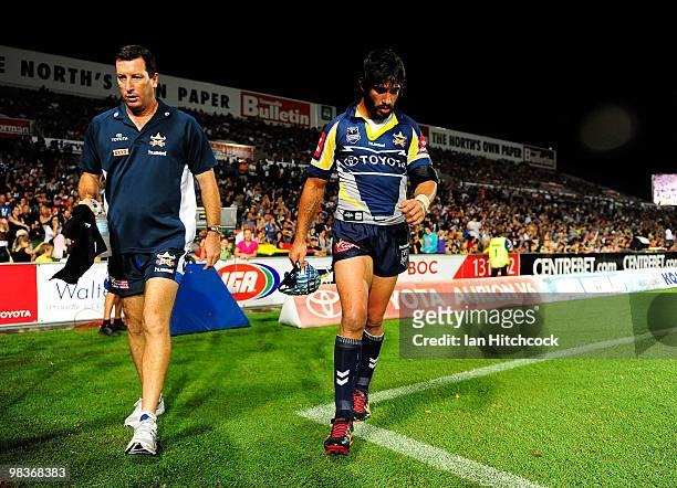 Johnathan Thurston of the Cowboys walks off the field during the first half during the round five NRL match between the North Queensland Cowboys and...