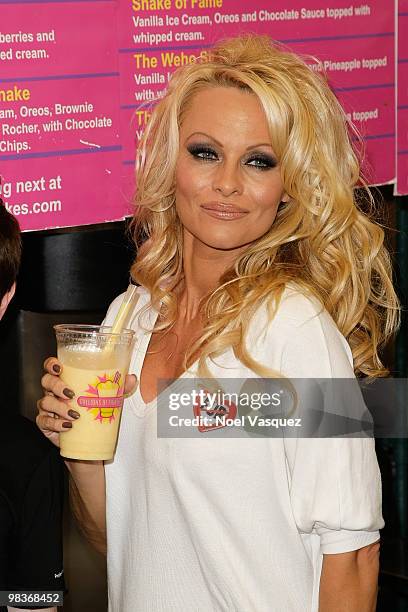 Pamela Anderson attends the celebration launch of PETA and her own new all-vegan milkshake at Millions Of Milkshakes on April 9, 2010 in West...