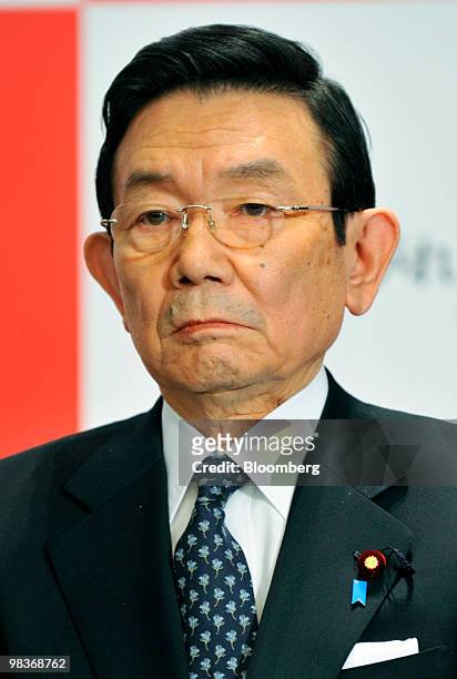 Kaoru Yosano, Japan's former finance minister and co-leader of the the Sunrise Party of Japan, attends a news conference launching his new political...