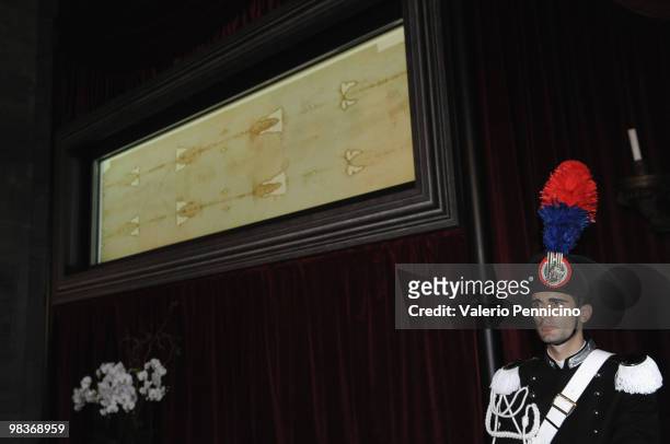 The Holy Shroud is displayed inside the cathedral of Torino on April 10, 2010 in Turin, Italy. The Holy Shroud will be displayed at the Cathedral of...