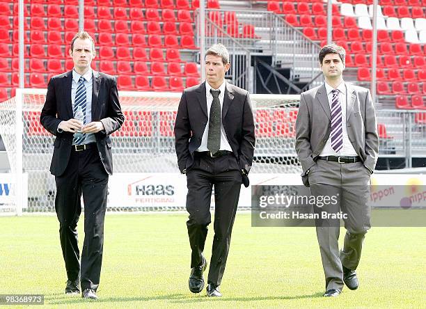 Referee Michael Kempter , Sascha Stegemann and Nikolaus Athanassiadis attend the Third Liga match between SV Sandhausen and Holstein Kiel at...