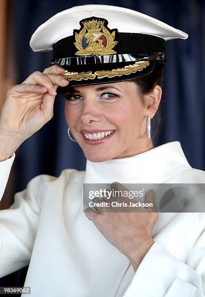 Ballerina Darcey Bussell wears a captain's hat on the bridge as she is named as 'Godmother' to P&O's latest Cruise Ship Azura at Ocean Docks on April...