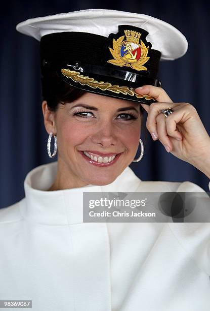 Ballerina Darcey Bussell wears a captain's hat on the bridge as she is named as 'Godmother' to P&O's latest Cruise Ship Azura at Ocean Docks on April...