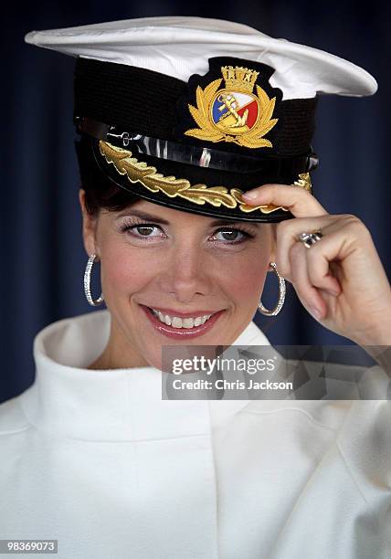 Ballerina Darcey Bussell wears a captain's hat on the bridge as she is named as 'Godmother' to P&O's latest Cruise Ship Azura at Ocean Docks on April...