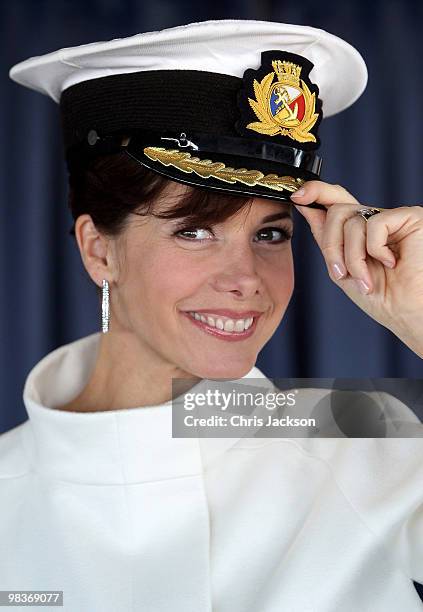 Ballerina Darcey Bussell wears a captain's hat on the bridge as she is named as 'Godmother' to P&O's latest Cruise Ship Azura at Ocean Docks on April...