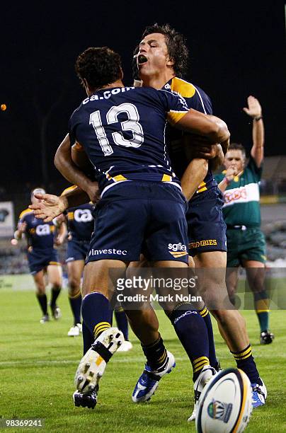 Adam Ashley-Cooper of the Brumbies celebrates his try during the round nine Super 14 match between the Brumbies and the Cheetahs at Canberra Stadium...