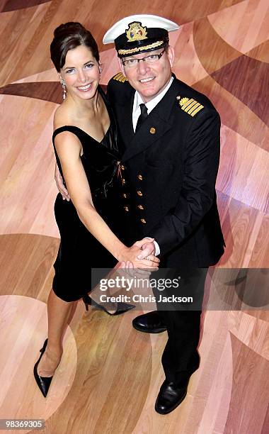 Ballerina Darcey Bussell poses for a photograph with Captain Keith Dowds as she is named as 'Godmother' to P&O's latest cruise ship Azura at Ocean...