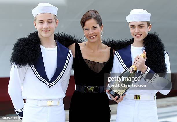 Ballerina Darcey Bussell poses with members of the Royal Ballet School dressed as sailors as she is name as 'Godmother' to P&O's latest Cruise Ship...