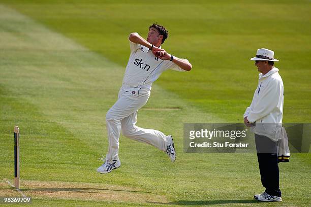 Warwickshire bowler Neil Carter in action during the 2nd day of the Division One LV County Championship match between Warwickshire and Yorkshire at...