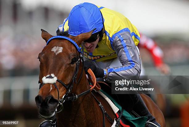 Peddlers Cross ridden by Jason Maguire wins The John Smith's Mersey Novices' Hurdle Race at Aintree Racecourse on April 10, 2010 in Liverpool,...