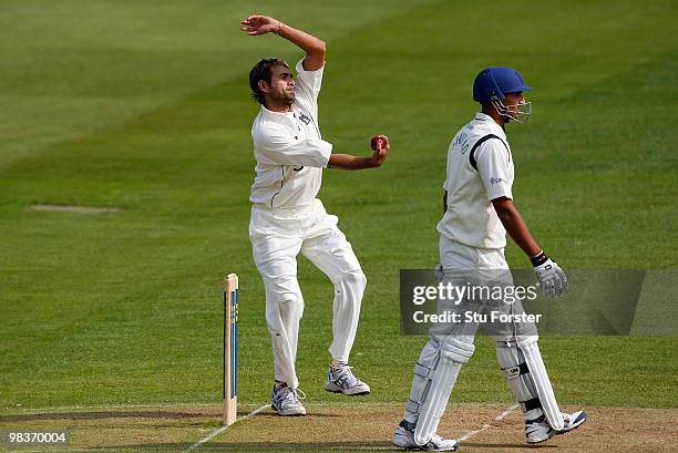 Warwickshire bowler Imran Tahir in action during the 2nd day of the Division One LV County Championship match between Warwickshire and Yorkshire at...