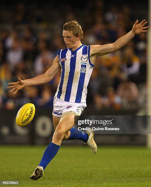 Jack Ziebell of the Kangaroos kicks during the round three AFL match between the North Melbourne Kangaroos and the West Coast Eagles at Etihad...