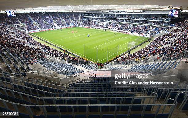 View of empty stands left vacant due to the exclusion of Cologne supporters during the Bundesliga match between 1899 Hoffenheim and 1. FC Koeln at...